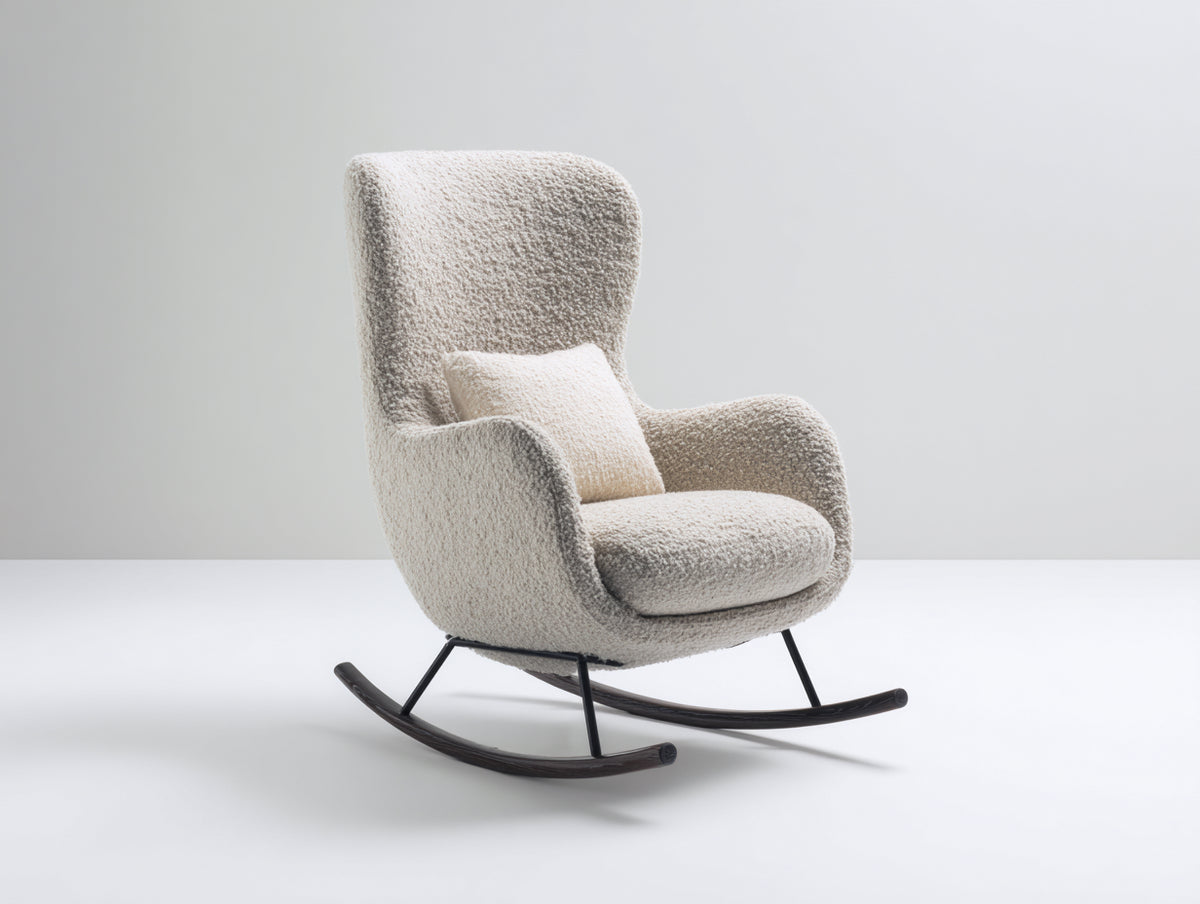 Sedia a dondolo - Bouclé-Metallo-Legno - 88x78x104 cm - Beige chiaro-Marrone scuro-Nero - Stile moderno