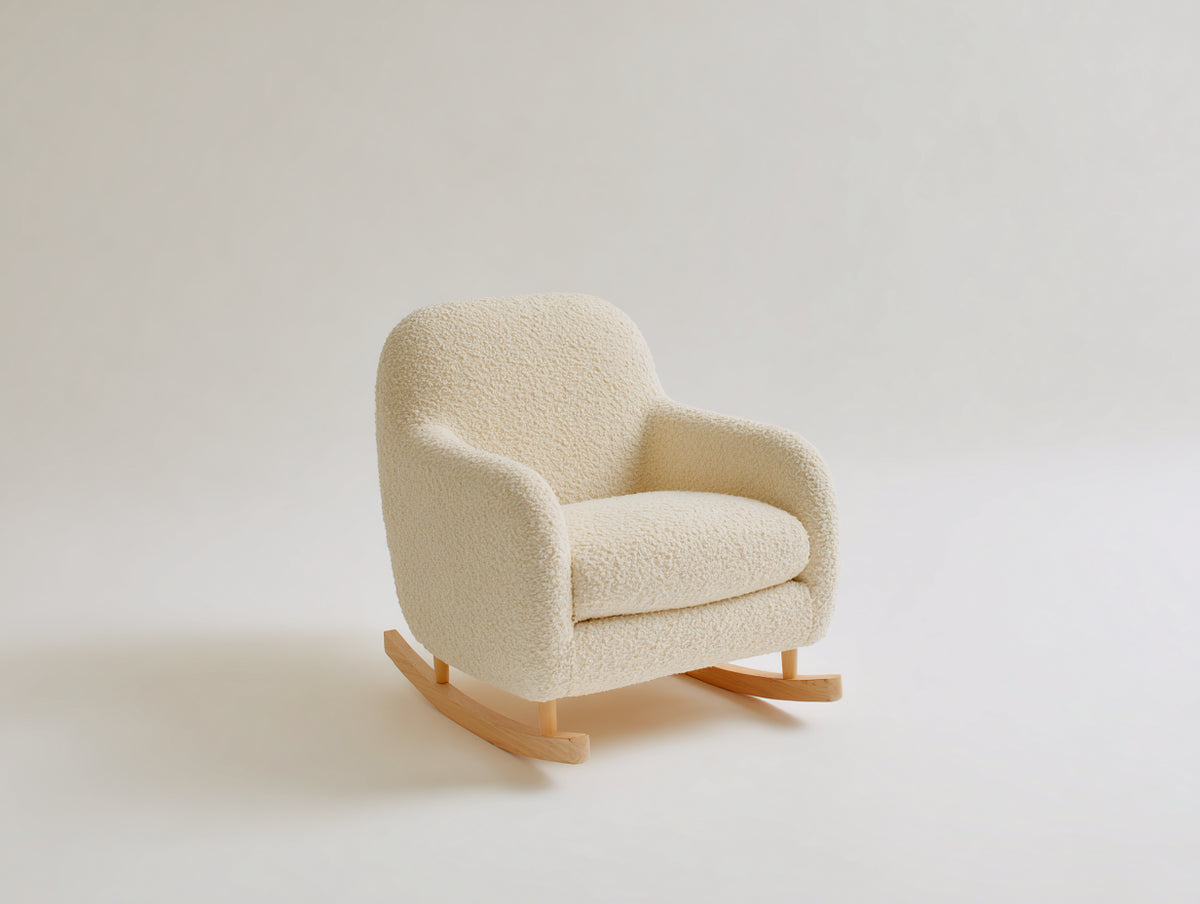 Sedia a dondolo - Bouclé-Legno - 78x74x89 cm - Crema-Legno naturale - Stile minimalista