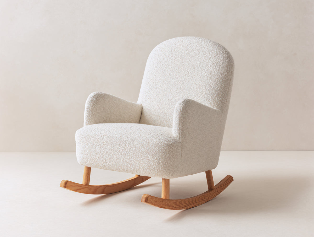 Sedia a dondolo - Bouclé-Legno - 82x74x98 cm - Bianco crema-Legno naturale - Stile minimalista