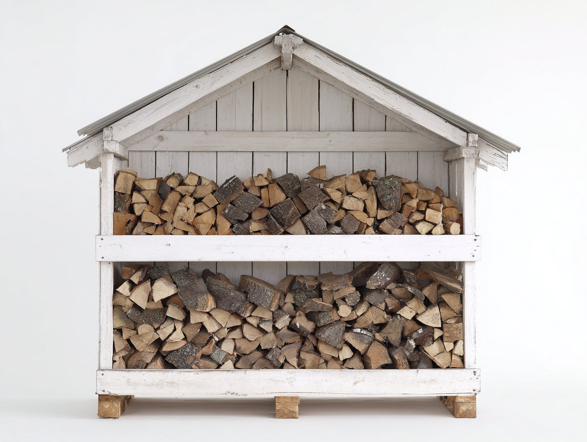 Portalegna - Legno-Metallo - 150x50x150 cm - Bianco-Grigio - Stile rustico con tetto a capanna